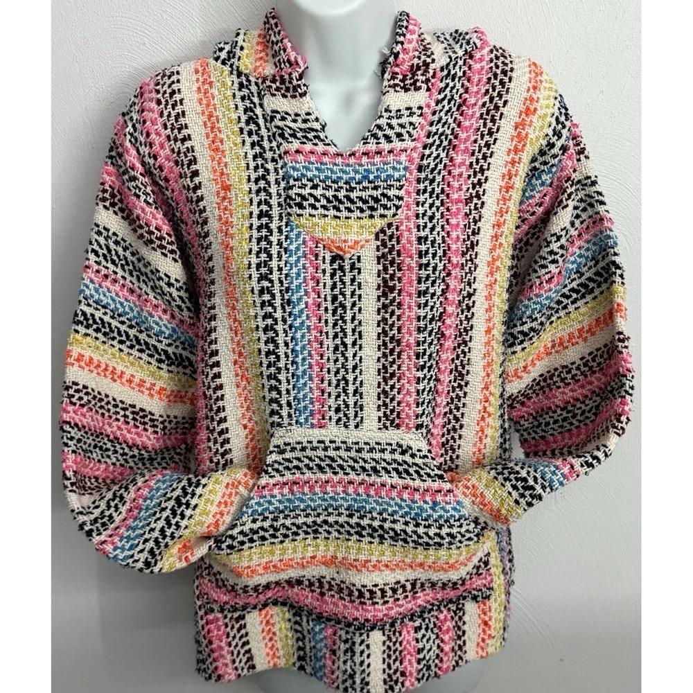 Baja Joe Mexican Blanket Hoodie Baja Pullover Striped Surf Skate Festival Boho M